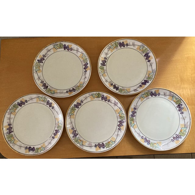 Circa 1900 Hand-Painted Dessert Plates With Matching Serving Bowl with Art Nouveau Grape Vine Design, Germany- 6 Pieces For Sale - Image 4 of 7