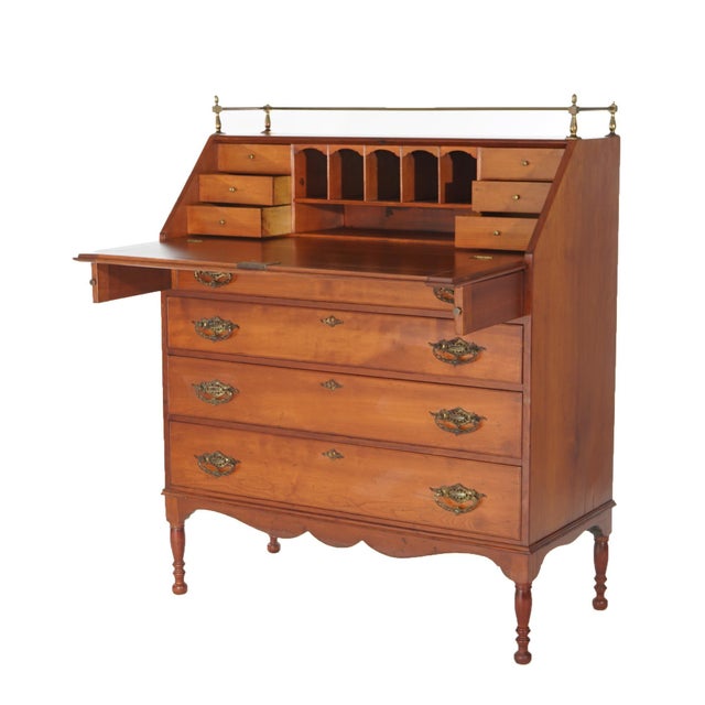 Sheraton Cherry Drop Front Desk with Graduated Drawers & Brass Gallery, C1820 For Sale - Image 11 of 12