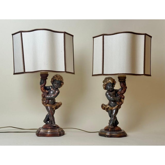 Gold Italian Putti Table Lamps in Giltwood, 1970s, Set of 2 For Sale - Image 8 of 18
