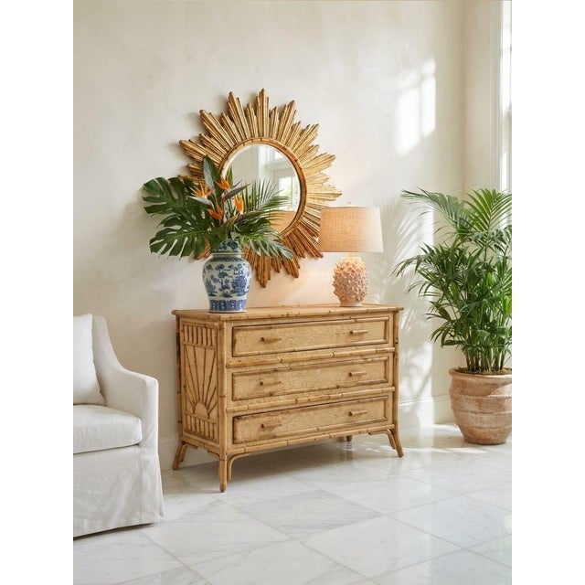 Vintage Tropical Rattan & Bamboo 3-Drawer Dresser With Sunburst Motif For Sale In West Palm - Image 6 of 12