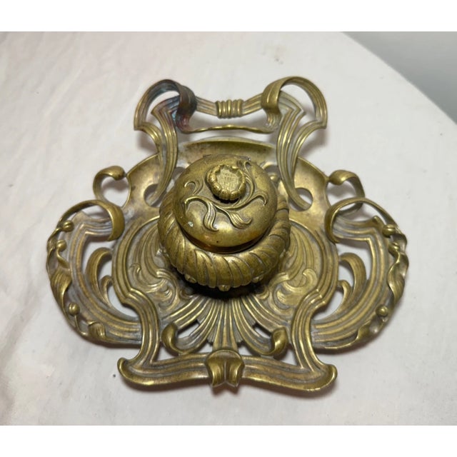 Antique Ornate 19th Century Art Nouveau Gilt Bronze Brass Desk Inkwell Stand Jar For Sale - Image 4 of 15