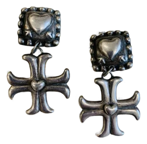 Early Vintage 1980’s Dian Malouf Heart & Cross Motif Oxidized Sterling Silver Dangle Earrings