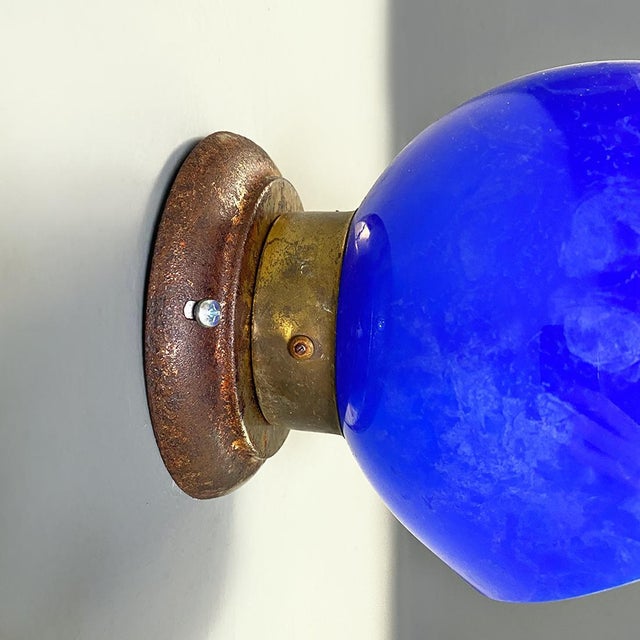 Italian Blue and White Glass & Sheet Metal Wall Light, 1930s, Set of 3 For Sale - Image 4 of 15