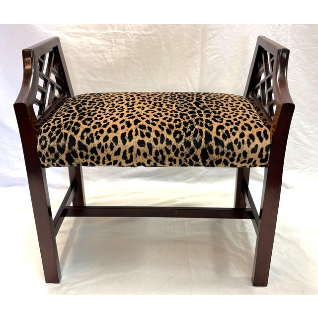 Traditional Vintage Fretwork Curved Arm Vanity Stool/ Bench With New Leopard Upholstery For Sale - Image 3 of 18