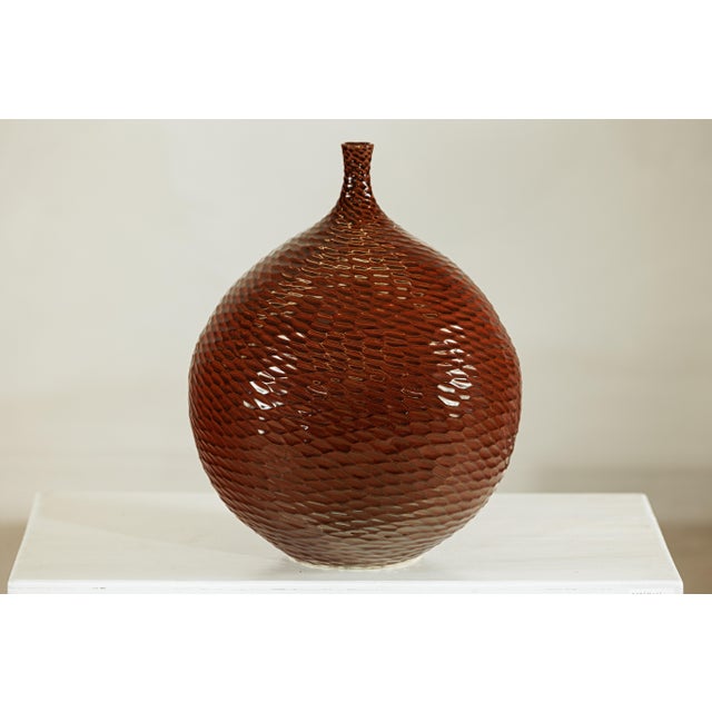 Brown Large Handcrafted Ceramic Vase with Glossy Brown Honeycomb Texture For Sale - Image 8 of 18