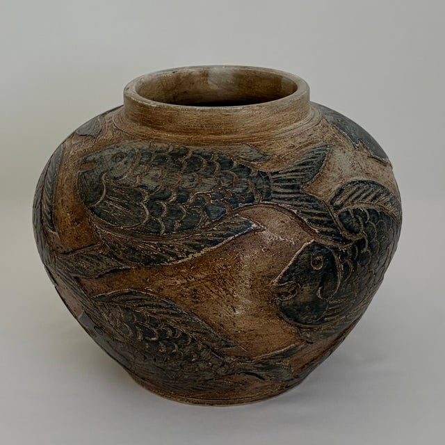 Vintage Asian-Style Ceramic Vase With Raised Relief Fish Motif For Sale - Image 9 of 13