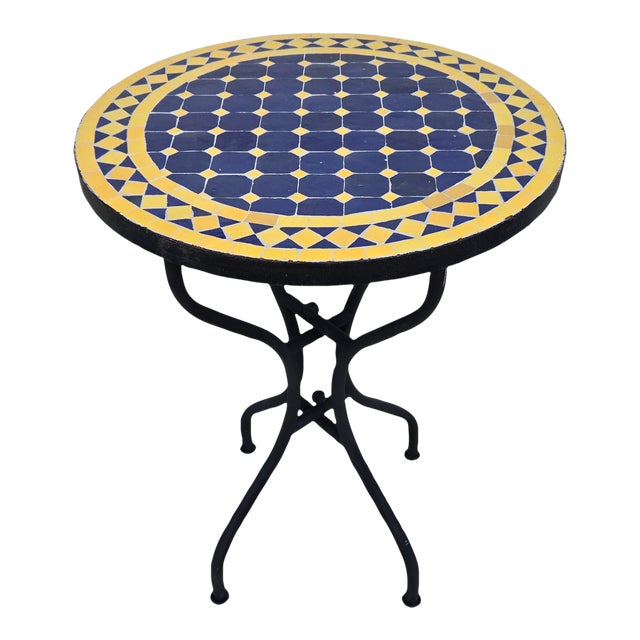 24" Blue and Yellow Moroccan Mosaic Table - 2 Pieces For Sale