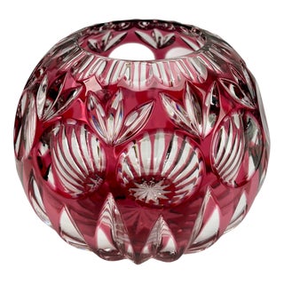 Bohemian Globe Vase in Ruby-Red Cut-to-Clear Collard Crystal with Geometric Decoration, 1950 For Sale