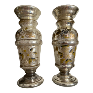 Pair of Antique English Victorian Era Large Mecury Glass Vases With Hand Painted Painted Flowers