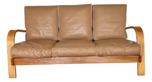 1930s Machine Age Russell Wright Figured Tiger Maple Three Seater Leather Sofa