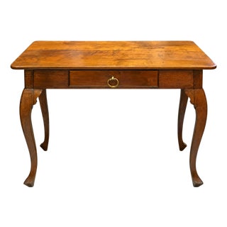 Antique Provincial Queen Anne Cabriole-Leg Writing Table in Warm Patinated Wood With Brass Ring Pull, Circa 1780–1830 For Sale