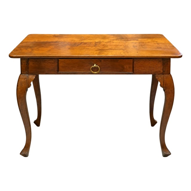 Antique Provincial Queen Anne Cabriole-Leg Writing Table in Warm Patinated Wood With Brass Ring Pull, Circa 1780–1830 For Sale