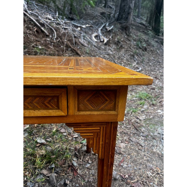 Brown Antique Square Rustic Folk Inlay Marquetry Game / Chess Accent Table For Sale - Image 8 of 9