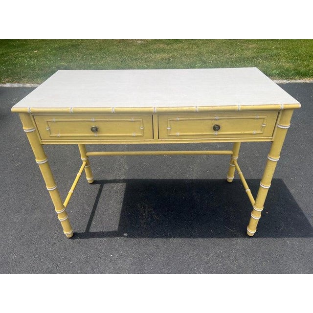 Wood Vintage Thomasville Allegro Yellow Faux Bamboo Writing Desk For Sale - Image 7 of 18
