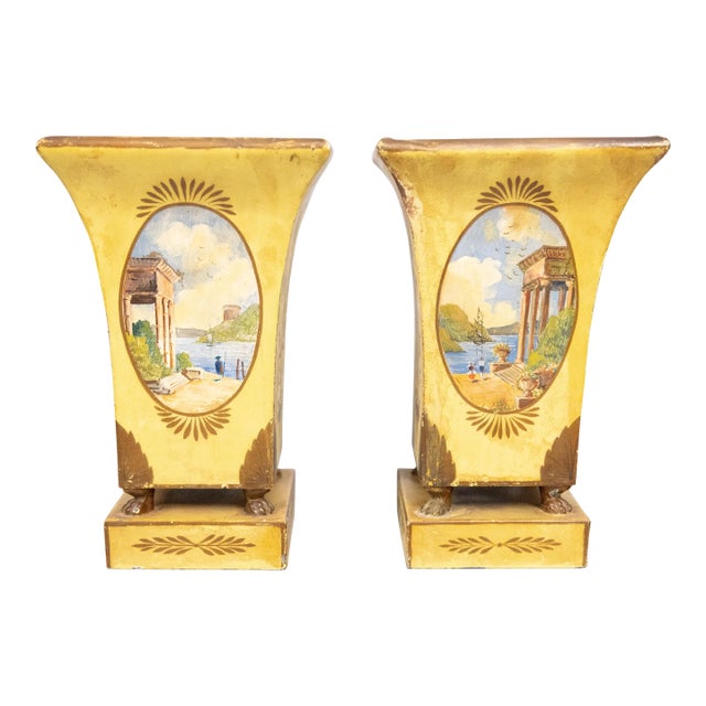 Antique French Yellow Tole Jardinieres Cachepots Urns - a Pair For Sale
