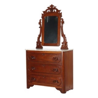 Antique Renaissance Revival Walnut 3-Drawer Marble Top Chest C1890 For Sale