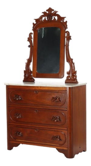 Antique Renaissance Revival Walnut 3-Drawer Marble Top Chest C1890