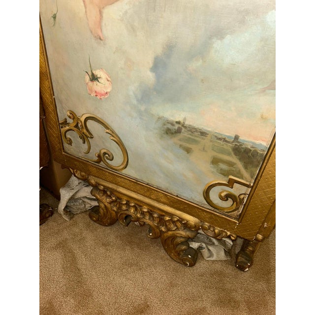 Antique French Rococo Gilded Three-Panel Hand-Painted Folding Screen With Cherubs and Floral Motifs For Sale - Image 10 of 10
