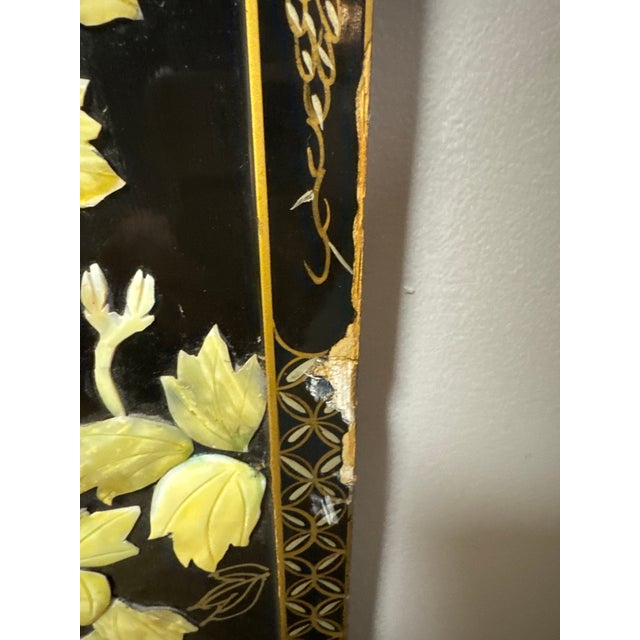 Black Pair of Vintage Chinese Hardstone Inlaid Black Lacquer Wall Plaques – Peacock & Floral – 36” For Sale - Image 8 of 12