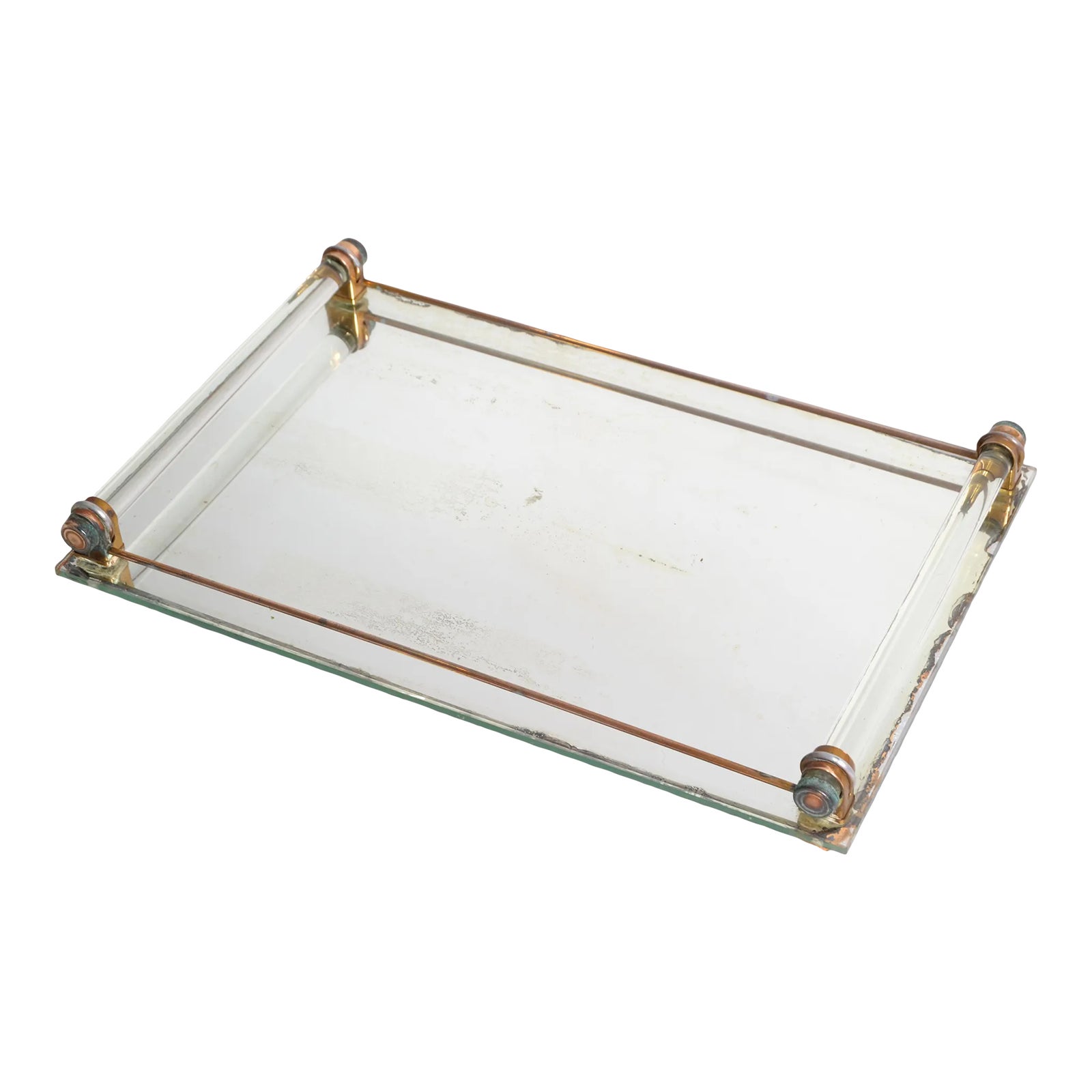 1940s Art Deco Mirrored Glass Vanity Drink Serving Tray Copper