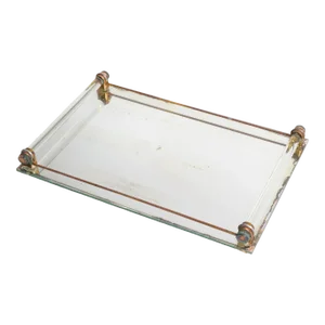 1940s Art Deco Mirrored Glass Vanity Drink Serving Tray Copper Brass Metal France