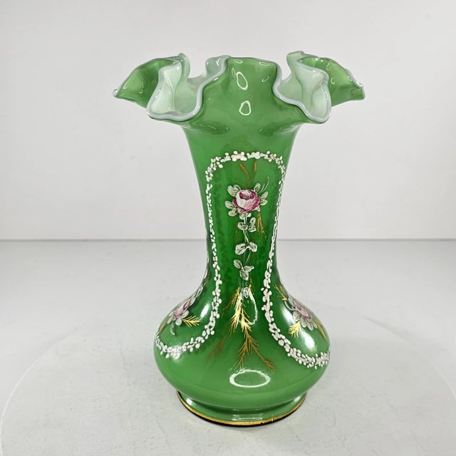 Vintage Fenton Art Glass Vase Charleton Awco Green Overlay Roses Hand Painted For Sale - Image 10 of 11