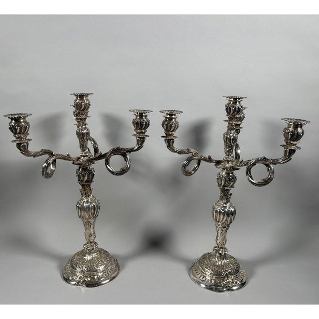 Pair of Rococo Candelabra in Solid Silver 950, Louis XV Style, 18th Century For Sale