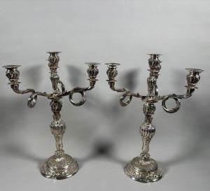 Pair of Rococo Candelabra in Solid Silver 950, Louis XV Style, 18th Century