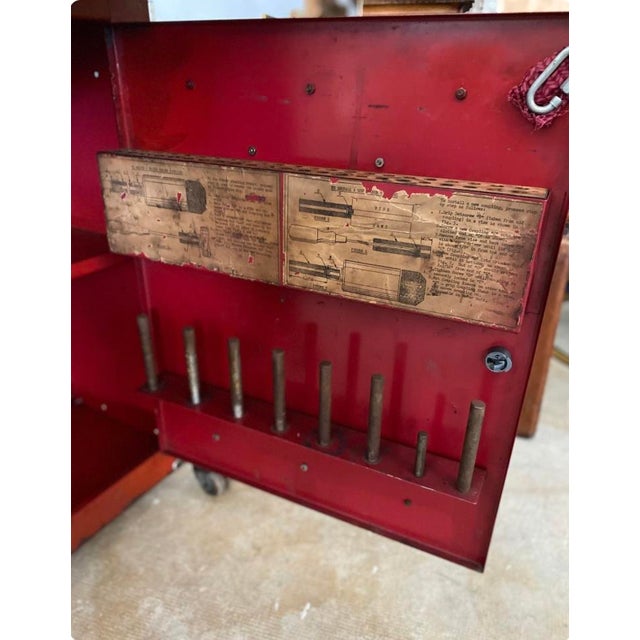 Ruby Red The Kwik Way System Repurposed 1940's Industrial Rolling Valve Cabinet Now a Bar Service Cart For Sale - Image 8 of 10