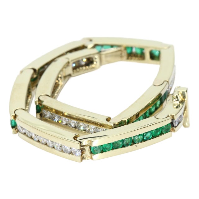 14k Yellow Gold Tennis Bracelet With Channel-Set Diamonds & Emeralds For Sale