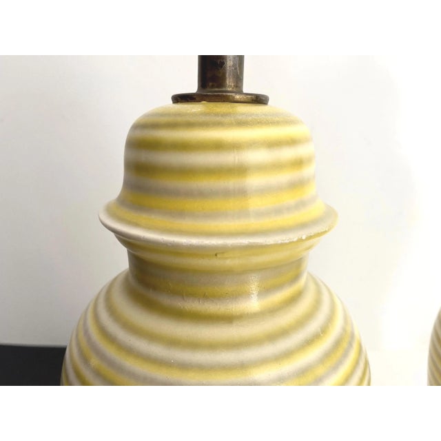 Midcentury Striped Ceramic Ginger Jar Lamps & Shades - a Pair For Sale - Image 12 of 18