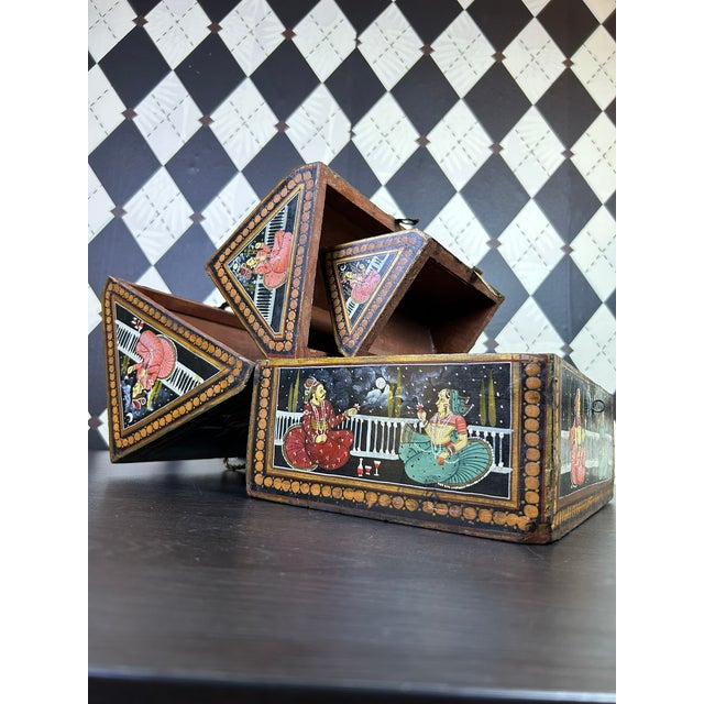 Trio Indian Hand-Painted Nesting Wooden Boxes - Mid 20th Century Set of 3 For Sale - Image 9 of 16