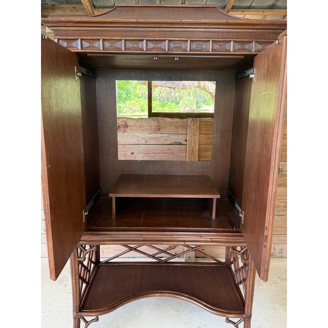 English Vintage British Colonial Pagoda Rattan Fretwork Diamond Weave Armoire For Sale - Image 3 of 12