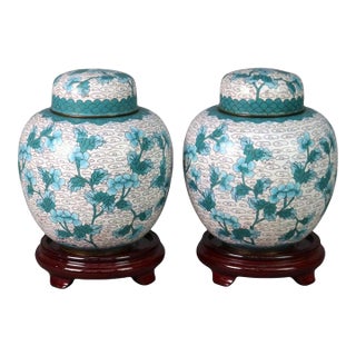 Pair of Antique Chinese Cloisonne Floral Enameled Covered Urns C1930 For Sale