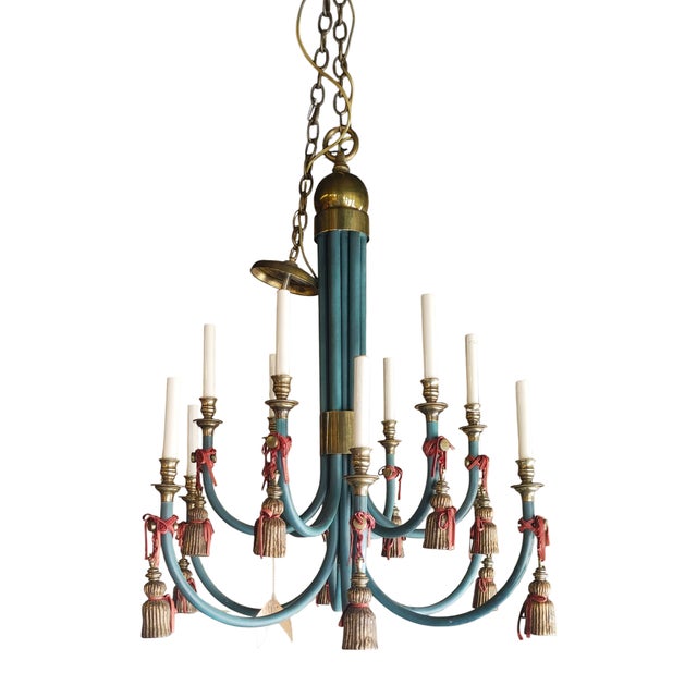 Extraordinary 2-tier, 12-light tole chandelier painted in a matte jewel-tone green and accented with classic brass candle...