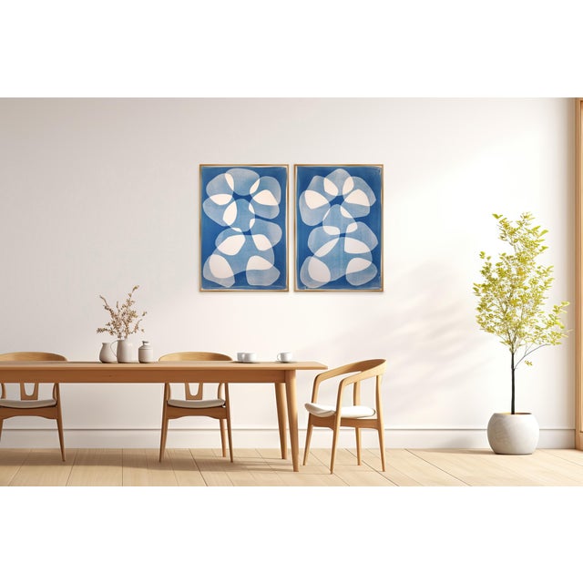 2026, Mid Century Modern Floating Shapes, Handmade Monotype Cyanotype, Abstract Organic in Blue Tones For Sale In Miami - Image 6 of 10