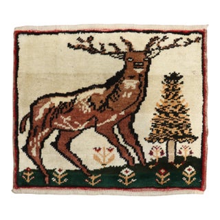 Vintage Zabihi Collection Deer Turkish Mini Rug - 1'4" x 1'8" For Sale