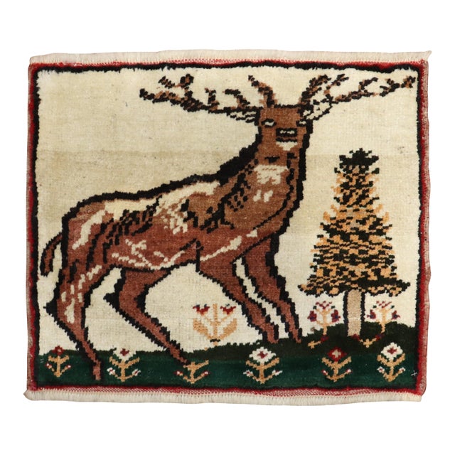 Vintage Zabihi Collection Deer Turkish Mini Rug - 1'4" x 1'8" For Sale