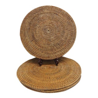 Vintage Woven Rattan Round Serving Chargers for Dinner Plates - Set of 4 For Sale