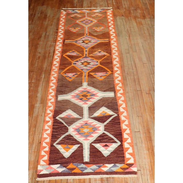 Orange Vintage Zabihi Collection Turkish Geometric Kilim Runner - 3'5" x 11'8" For Sale - Image 8 of 8