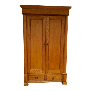 Large Oak Armoire With Shelves and Drawers For Sale