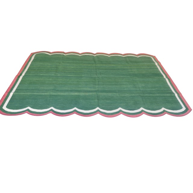 Green Handmade Cotton Scalloped Rug, Green with Cream and Raspberry Border - 6'x9' For Sale - Image 8 of 9