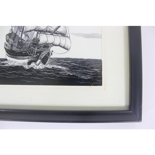 Vintage Pen and Ink Clipper Sailing Ship Framed Art Signed by Artist Sailboat Black and White Small For Sale - Image 4 of 11
