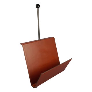 Vintage Italian Magazine Rack in Brown Leather and Metal, 1980s For Sale