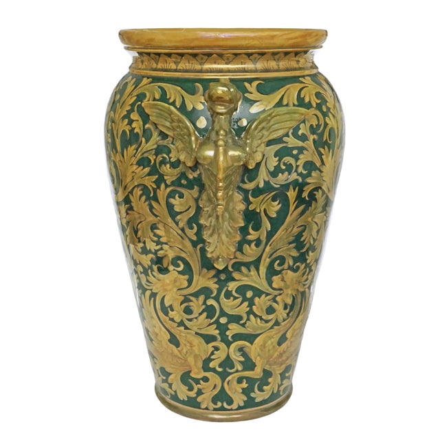This handcrafted, large 19" tall, vintage Italian Majolica urn in the Robbia style. It is marked Gualdo Tadino, an ancient...