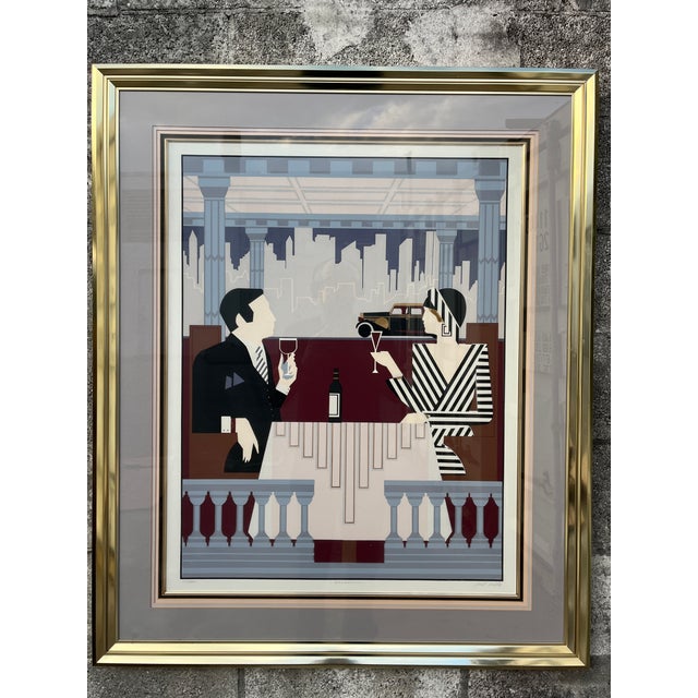Glass Large 1980s Art Deco Revival Framed Silkscreen "Rendezvous" Signed by the Artist. For Sale - Image 7 of 18