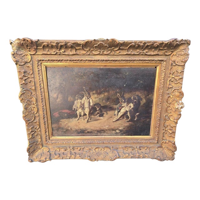 The Rabbit Duel Anthropomorphic Animal, 19th Century, Oil on Panel For Sale