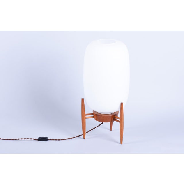 Mid-Century Czech Table Lamp in Opaline Glass and Wood attributed to Úluv Krásná Jizba, 1950s For Sale - Image 11 of 11