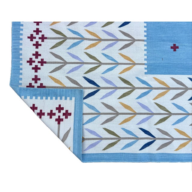 Casa Cosima Handmade Cotton Rug, Natural Vegetable Dyed Cream, Blue, Beige and Red Leaf Rug - 9'x12' For Sale - Image 4 of 10