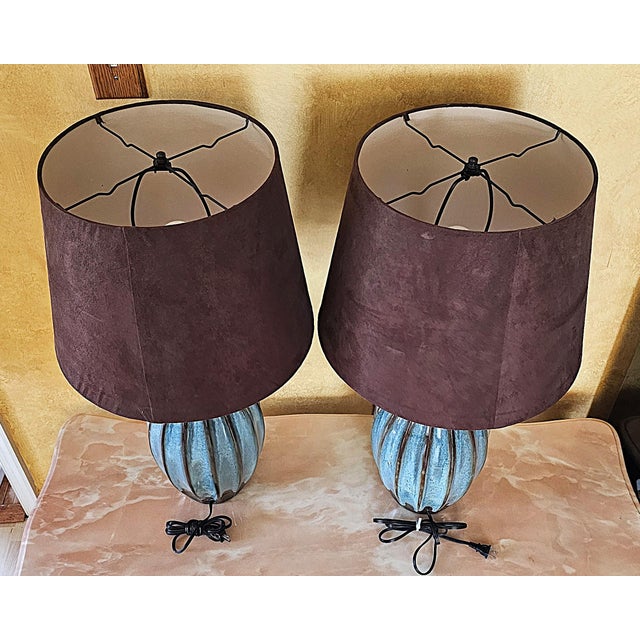 Early 21st Century Turquoise Pottery Table Lamps – Mid‑Century Style, 32" - a Pair For Sale - Image 5 of 18